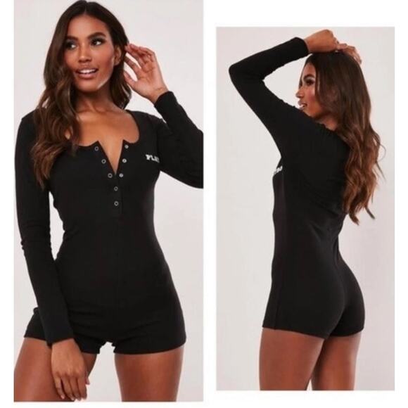 SALE Playboy x Missguided Black Long Sleeve Snap Front Romper Scoop Neck SZ 12 - Picture 1 of 10